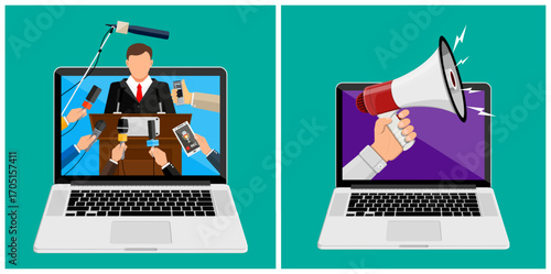 Man speaker giving speech from laptop screen with reporting microphones. Hands holding megaphone from another laptop for news and announcement.