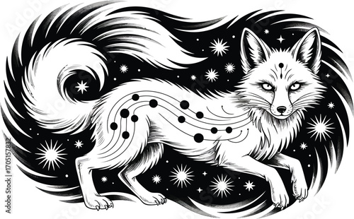 Black and white fox with celestial elements and circuit pattern