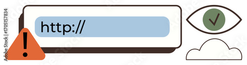 URL bar shows http with a warning icon, eye with checkmark for security inspection, and a cloud. Ideal for cybersecurity, internet privacy, web browsing, safety awareness, web audit, data security