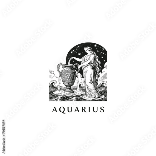 engraving of a woman, representing the zodiac sign Aquarius, pouring water from an ornate urn. vector template illustration