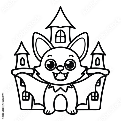 Cute cartoon bat character in front of a spooky castle with towers halloween