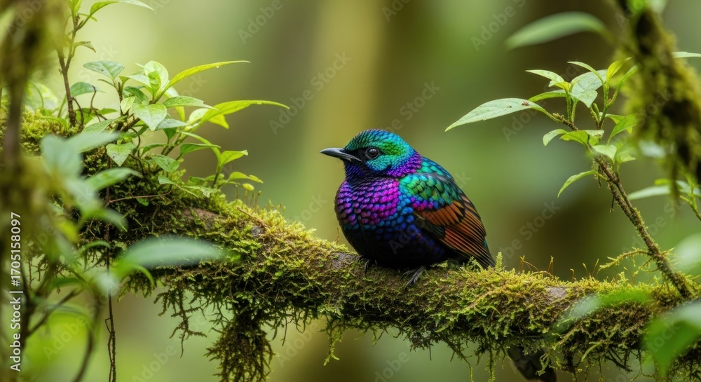 Fototapeta premium Bird with iridescent feathers perched on mossy branch in lush forest
