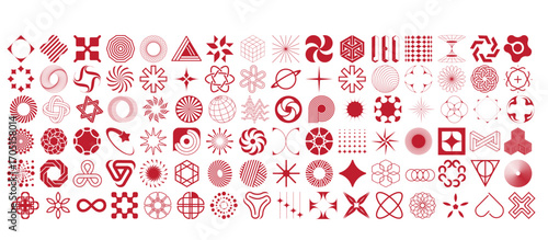 symmetrical geometric patterns in deep red on white background, featuring lines, circles, triangles, and stars, creating modular, decorative, and visually detailed design