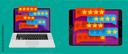 Laptop and tablet with five star customer review bubbles. Online feedback system for product, service rating. User experience concept.