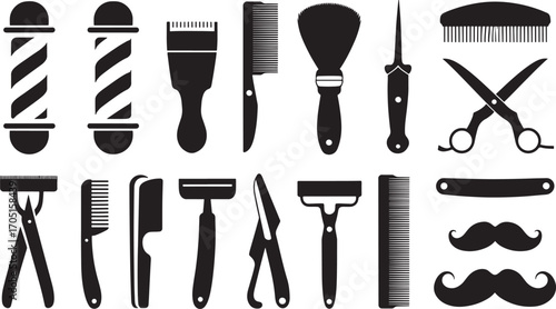 barber shop tools icons Classic collection for men's grooming and hair styling services