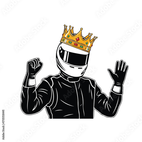 A racing driver wearing a helmet and a crown, celebrating victory with raised fists and open hands.