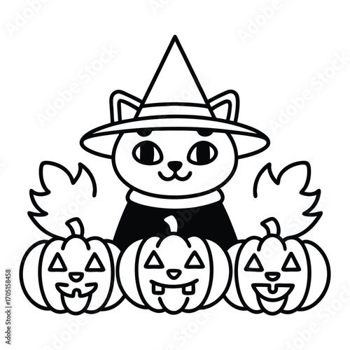 Cute cartoon black and white witch cat with three carved pumpkins for Halloween jack o lantern
