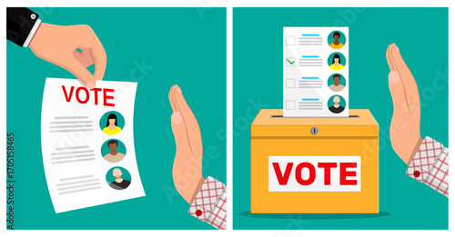 Man's hand putting ballot paper with vote inscription in yellow ballot box, with male and female candidates. Election and democracy concept.