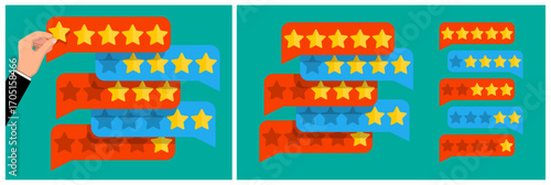 Hand placing star on speech bubble for customer feedback. User rating system with review and assessment concept.