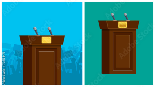 Speaker rostrum podium with microphones on a stage for a speaker to deliver a public speech, debate, or presentation.
