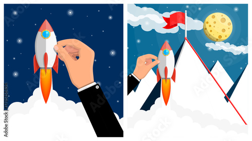 Hand launches rocket and installs it on mountain top, with red flag and full moon in background. Startup new project success and business leadership.