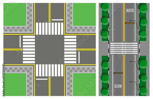 Top view of a flat style crossroads intersection with road markings, grass, and trees. Urban street environment for navigation system.