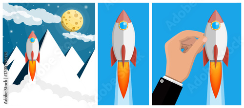 Hand launching a rocket, symbolizing business startup and project launch. Boost or acceleration concept for new venture beginning.