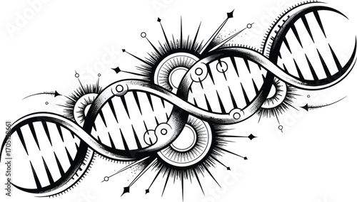 Black and white abstract D N A helix with sunburst elements