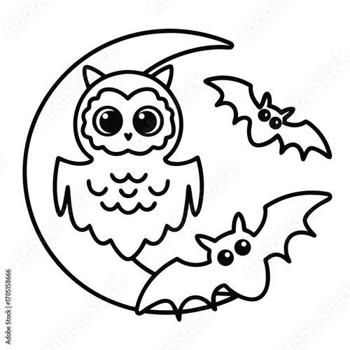 Cute cartoon owl on a crescent moon with two bats flying around it, Halloween theme bird night