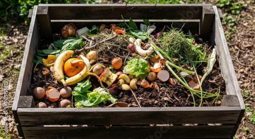 A wooden bin is filled with decomposing organic materials, including fruit peels, eggshells, and vegetable scraps, sitting outdoors in sunlight