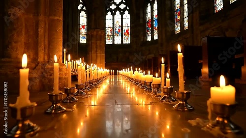 Candles Lit in a Grand Cathedral Hallway.