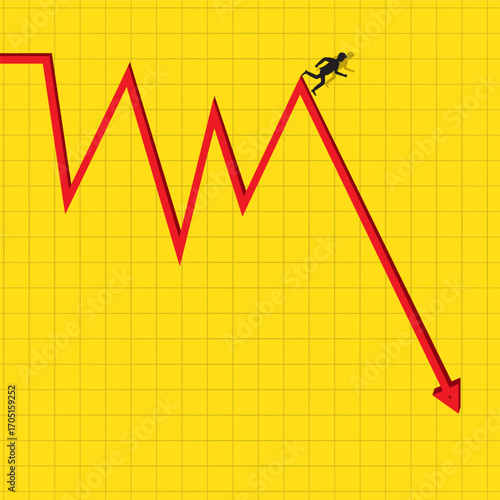 Downward-trending red line graph on yellow grid background with two small black stick figures running along the peaks, illustrating market decline, economic downturn, and financial panic