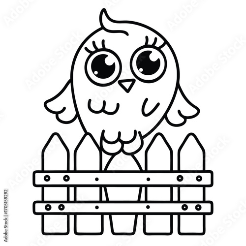 Cute Owl Perched on a Wooden Fence on White Background outline vector
