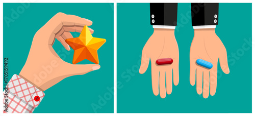 Man hand holding golden star. Choice concept with hands holding red and blue pill. Decision making, best option or evaluation idea.