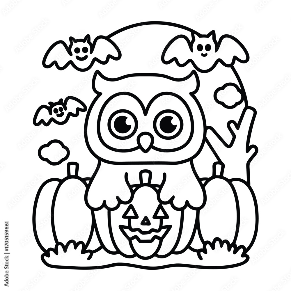 Obraz premium Whimsical cartoon owl sitting with pumpkins and bats under a full moon for Halloween jack o lantern