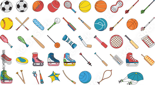 sports equipment and activity icons for digital and print Diverse collection