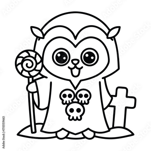 cute vampire holding lollipop, black and white clip art preview