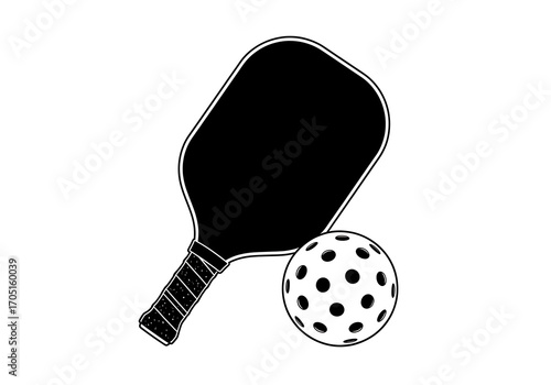 A simple black and white illustration of a pickleball paddle and ball isolated on white background, perfect for sportsrelated designs and graphics