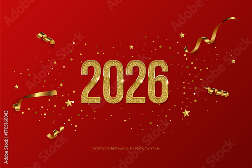 2026 Happy New Year greeting card vector background. 2026 golden numbers with confetti and congratulation text on red. Luxury festive sparkle holiday postcard, invitation, banner for social media.