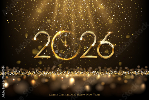 2026 Happy New Year greeting card vector illustration. Festive Christmas social media banner. 2026 clock countdown background with confetti and sparkling lights on dark. Luxury holiday postcard.