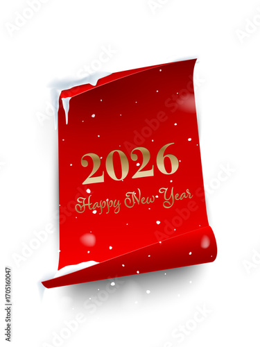 2026 Happy New Year greeting card vector illustration. Festive Christmas social media banner. Golden text on red sticker with curved edges isolated on snowfall backdrop.