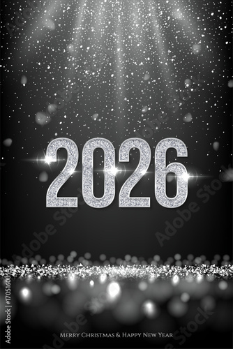 2026 Happy New Year greeting card vector background. 2026 silver numbers with falling confetti and glow light effects on black. Luxury festive sparkle holiday postcard, invitation, banner.