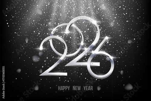 2026 Happy New Year greeting card vector illustration. Festive Christmas social media banner. Silver numbers 2026 with falling confetti and sparkling lights on dark. Luxury holiday postcard.