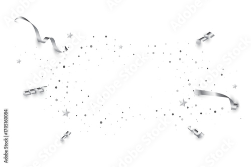 Silver confetti birthday background. Platinum ribbons, stars and confetti party pattern. Congratulations white horizontal banner with copy space. Festive elegant vector illustration.