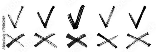 Check and cross marks set. Grunge checklist signs brush stroke elements in black ink on white background. Hand drawn rough symbols for approval and rejection. Graphic minimalistic vector illustration.