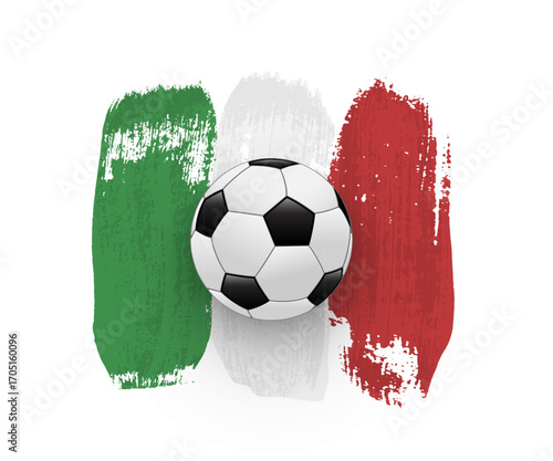 Italian flag made of brush strokes with soccer ball. Grunge Italian national symbol for sport, holiday, travel, culture, celebration themes. Vector illustration.