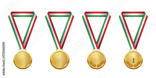 Golden medals set. Realistic 3D gold awards medals with ribbons and number one, symbolizing first place in sports, competitions, and athletic events. Vector illustration.