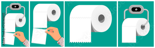 Man hand tearing off a piece of toilet paper from a roll on a holder on turquoise background. Bathroom hygiene concept with paper product.