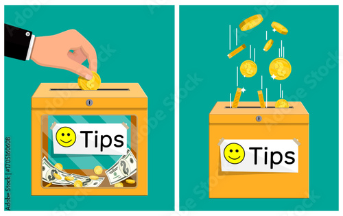 Hand of man putting coin in tip box next to another tip box with money falling in. Concept of collecting tips for service.