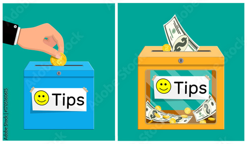 Man hand putting coin into blue tips box and full orange tips box. Concept of gratuity, donation, service appreciation, or charity fund.