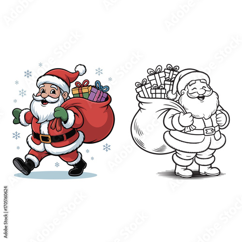  Set of cheerful cartoon Santa Claus carrying a large sack full of gifts line art silhouette vector illustration.