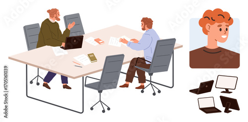 Colleagues engaging in conversation, analyzing documents, using laptops. Includes office setting and portrait. Ideal for collaboration, teamwork, communication, office routine, productivity