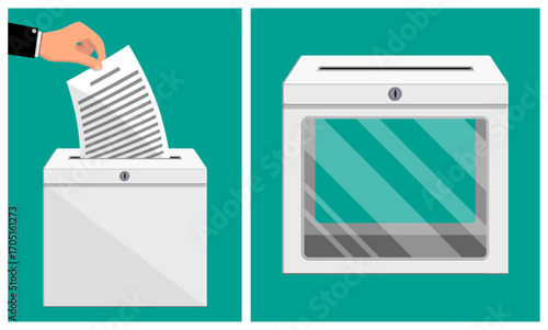 Man's hand putting ballot vote into box. Citizen participation in election or democratic process for government. Flat vector illustration.