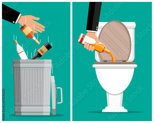 Man throws alcohol bottles into a trash can and pours liquor down the toilet. Stop drinking and alcoholism concept. Sobriety and healthy life.