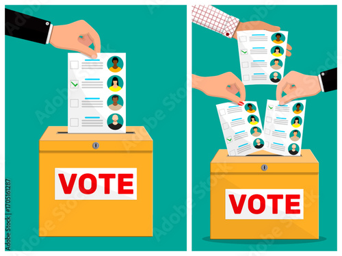 Man and woman hand casting ballot into vote box. Election democratic process, choose political leader, participate in public decision, flat style illustration.