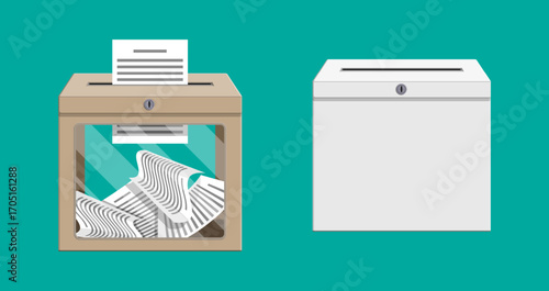 Two ballot boxes, one transparent full of voting papers, the other empty. Concept of election, survey, and democratic choice.