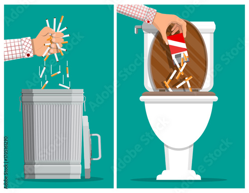 Man quitting smoking by crushing cigarettes and disposing of them in trash and toilet. Addiction therapy and healthy lifestyle concept.