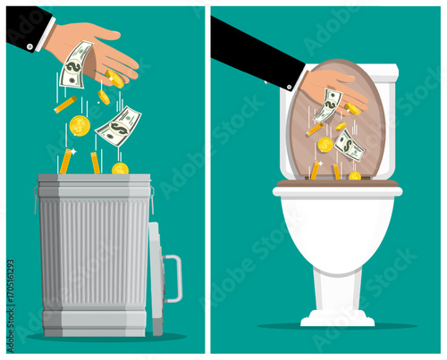 Man hand throwing money away in trashcan and toilet. Concept of wasteful spending, flushing cash and financial loss for business.