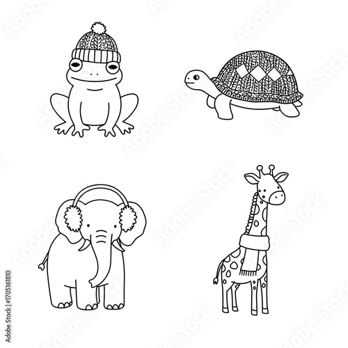 Collection of Winter outfits for animals themed icons, including frog in a beanie, turtle with a knitted shell cover, elephant with ear muffs, giraffe with a long scarf