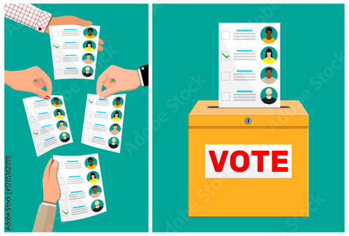 Many hands hold ballot paper, checking candidates from a diverse group of people, and one ballot is inserted into a vote box. Election democratic process or survey concept.